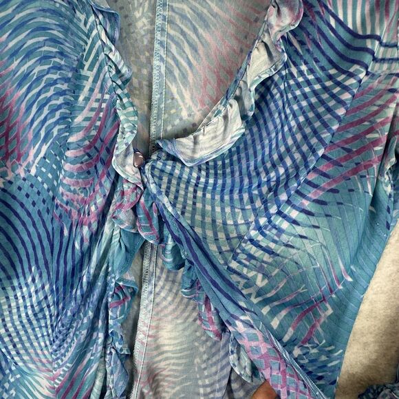 Blue Abstract Mesh Disco Top Size XS Crop Button Front Long Ruffle Flare Sleeve - Picture 4 of 10